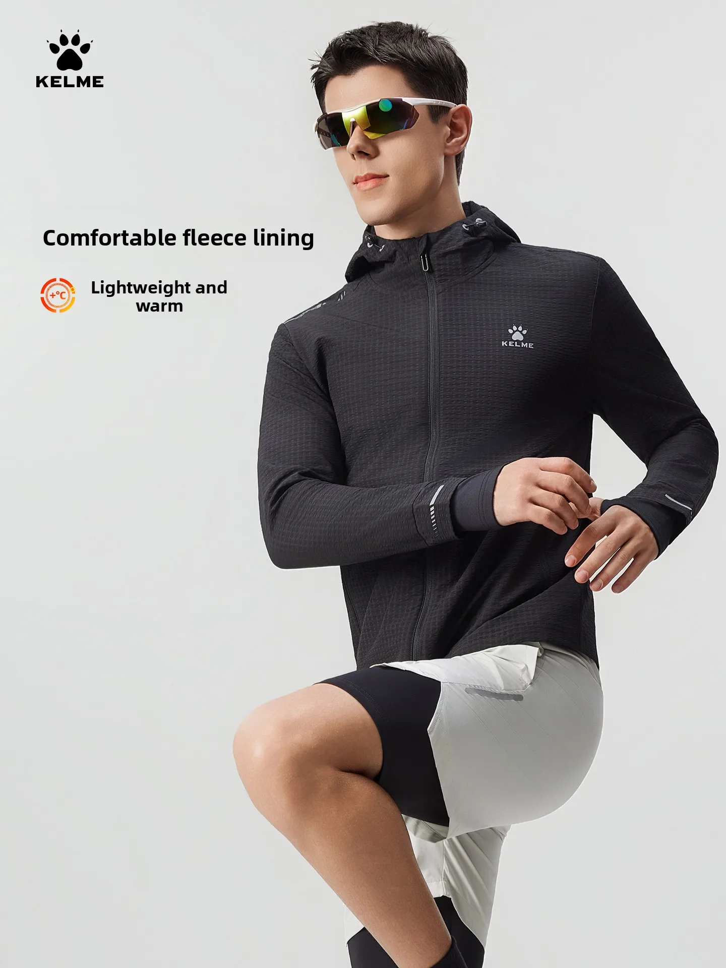 Kelme Men's Windproof Thermal Hooded Jacket Outdoor Running Jacket All-around Training Fitness Cardigan