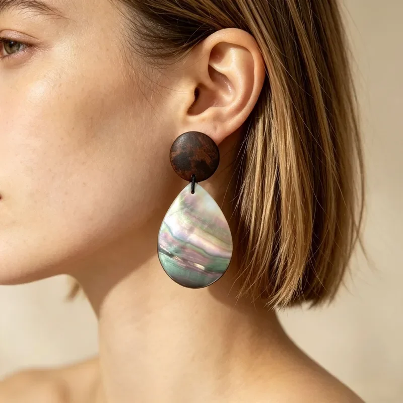 Retro wooden black butterfly shell water drop earrings natural symphony shell long earrings literary temperament stud