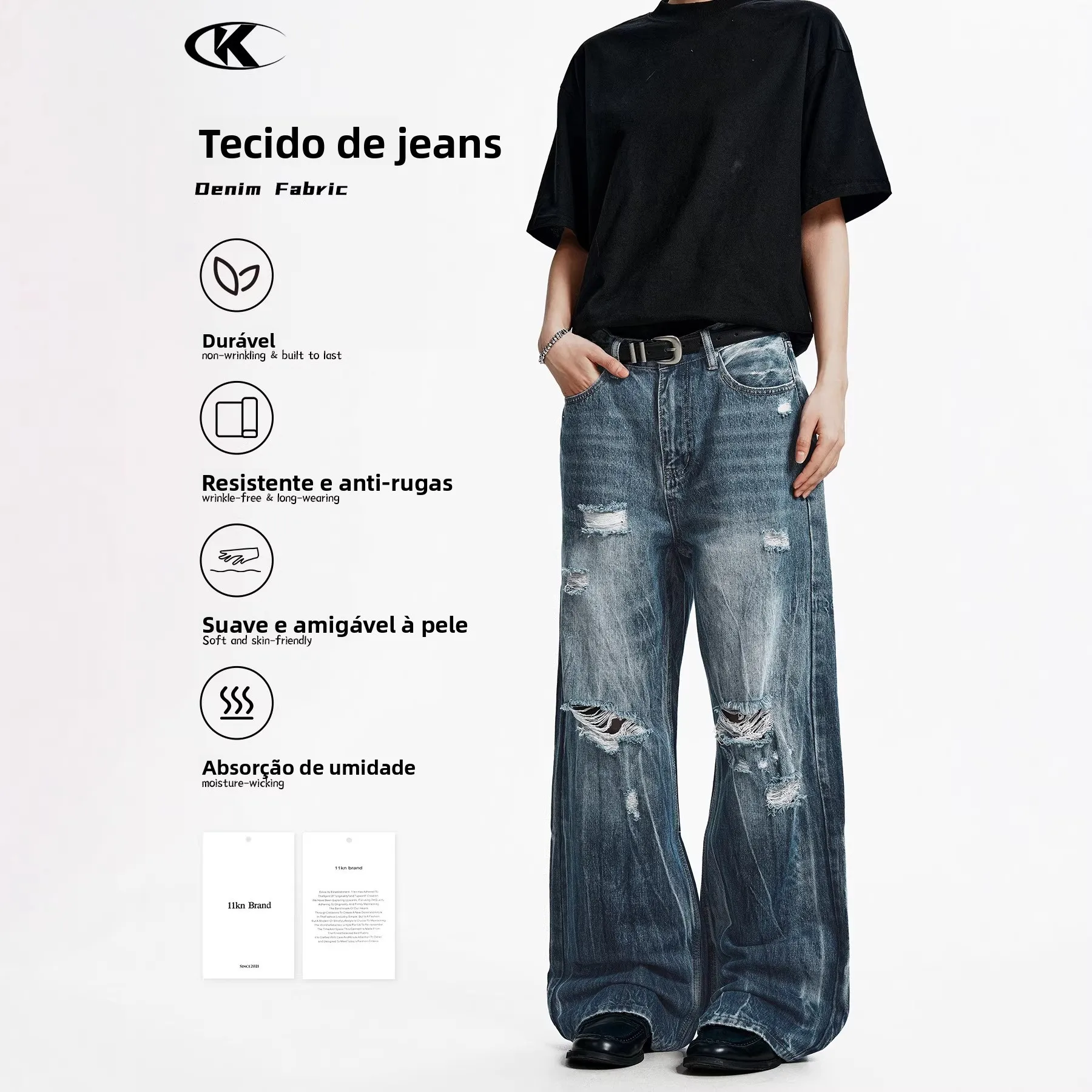 Calça Jeans Retrô Americana com Efeito Desgastado para Homens e Mulheres, Design Lavado e Envelhecido, Corte Reto Solto, Casu...