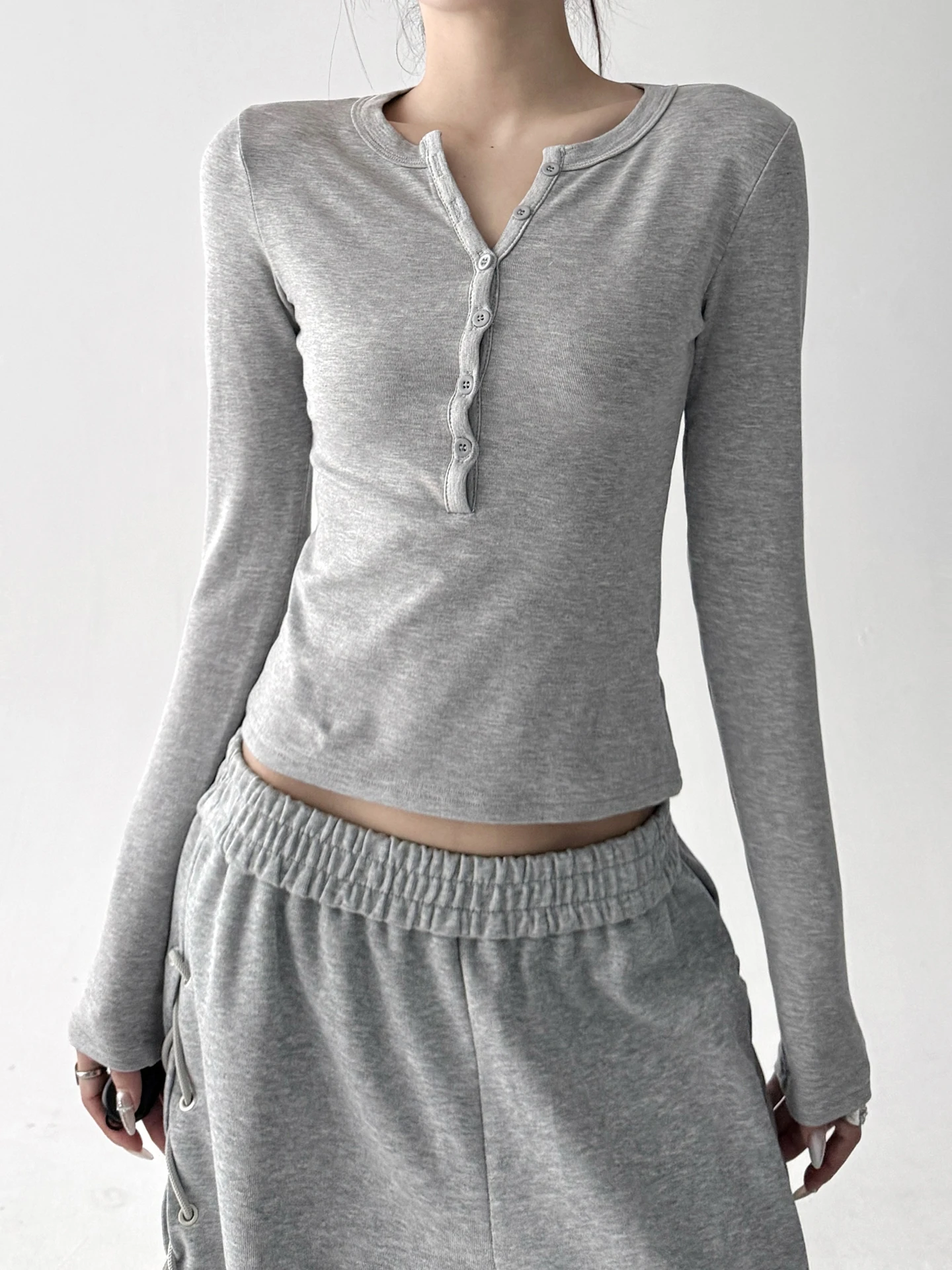 ay Flared Henry Collar Fce Lined Long Sve Slim Fit Women's T-irt Base irt Vintage Sle Polyester Cotton Blend