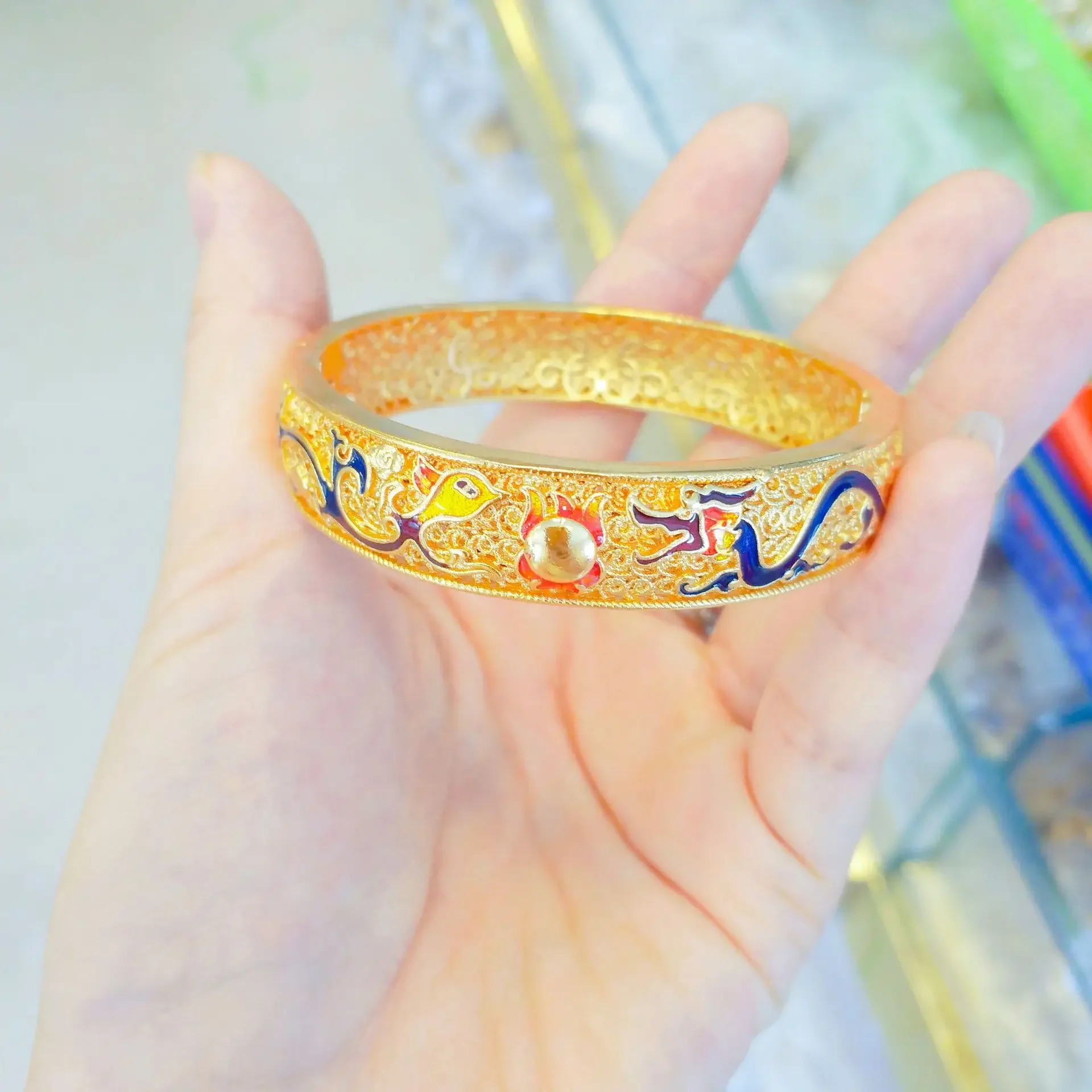 9999 real gold 24K Dragon and Phoenix Chengxiang Enamel Bracelet Open Bracelet Women's Bracelet