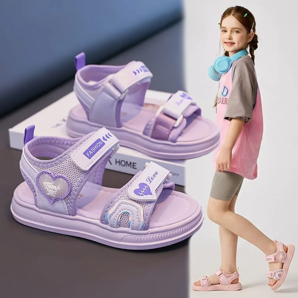 Girls' Heart-Shaped Princess Sandals, Spring/Summer 2026 New Style, Velcro Open-Toe, Beach Shoes Solid Color Fashion Sports