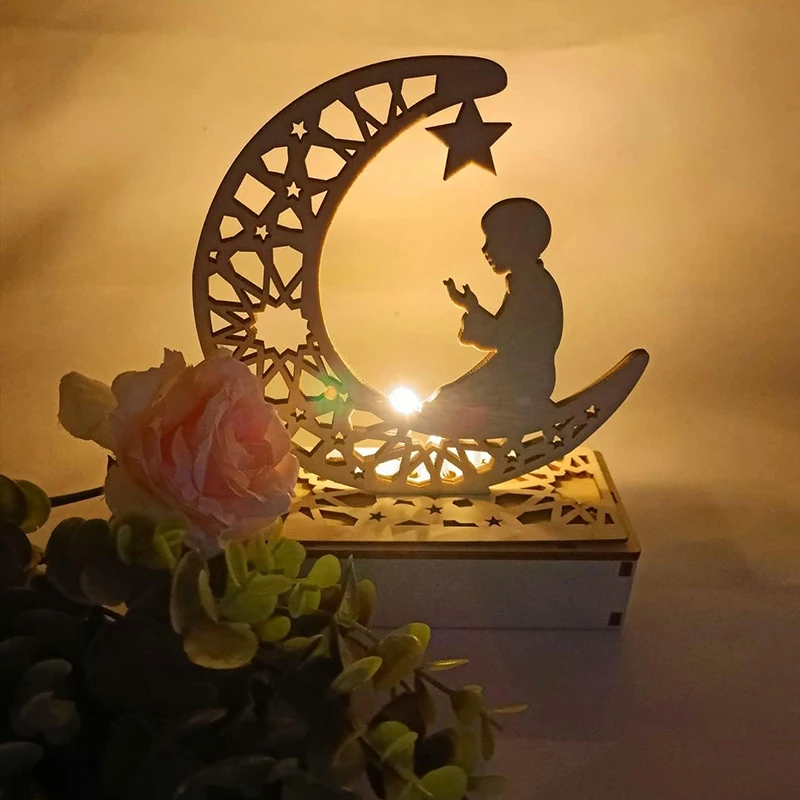 Handmade Wooden Moon Star LED Lights Decor Eid Crafts Night Light Muslim DIY wooden light for Eid Mubarak Table Decorations