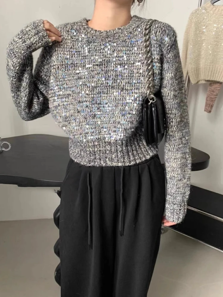 Crop Sequined Patch Sweater Women Clothes Jumper 2024 Ropa Mujer O-neck Long Sleeve Knitted Fashion Sweet Pullovers Pull Femme