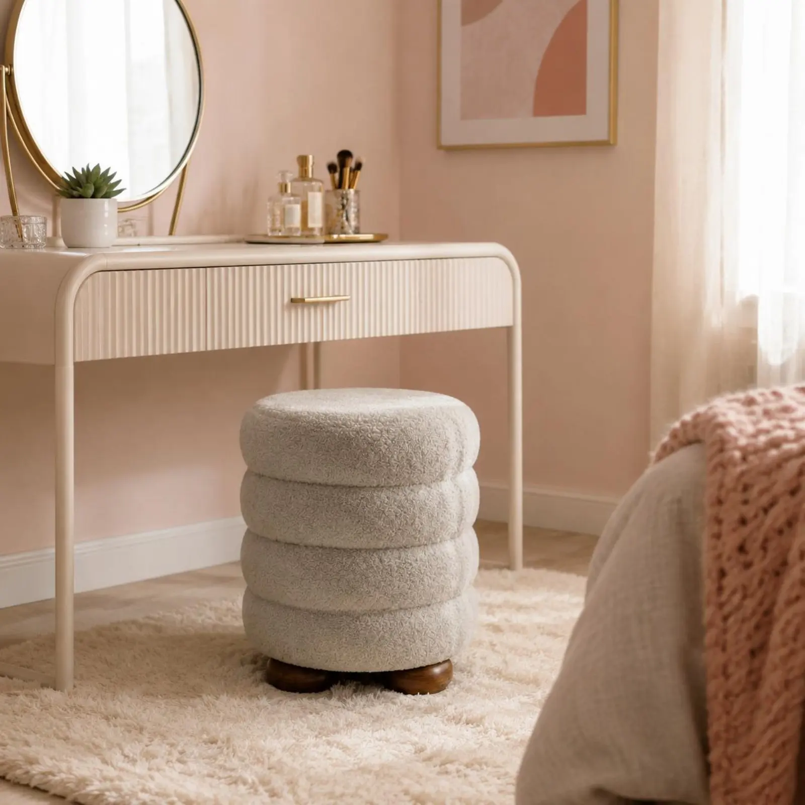 Boucle Vanity Stool Cute Vanity Stool Boucle Ottoman Chair Soft Home Furniture Multifunctional for Bedroom image 6