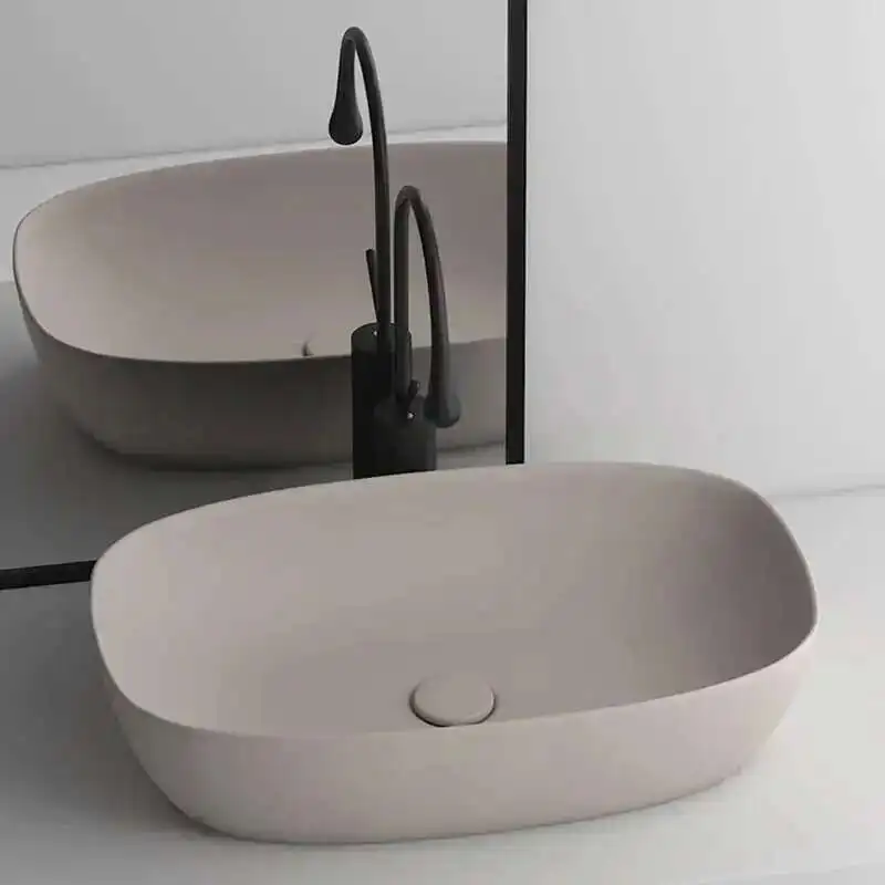 Pias de banheiro de cerâmica modernas para cozinha oval aprofundado fosco luz luxo cáqui fácil de limpar design pia para pátio