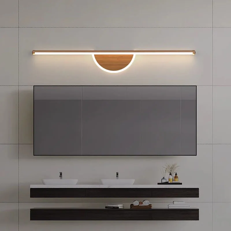 

Modern LED Wall Light Walnut Wood Grain Long Strip Mirror Front Light Bedroom Study Mirror Bathroom Lighting Indoor Home Decor