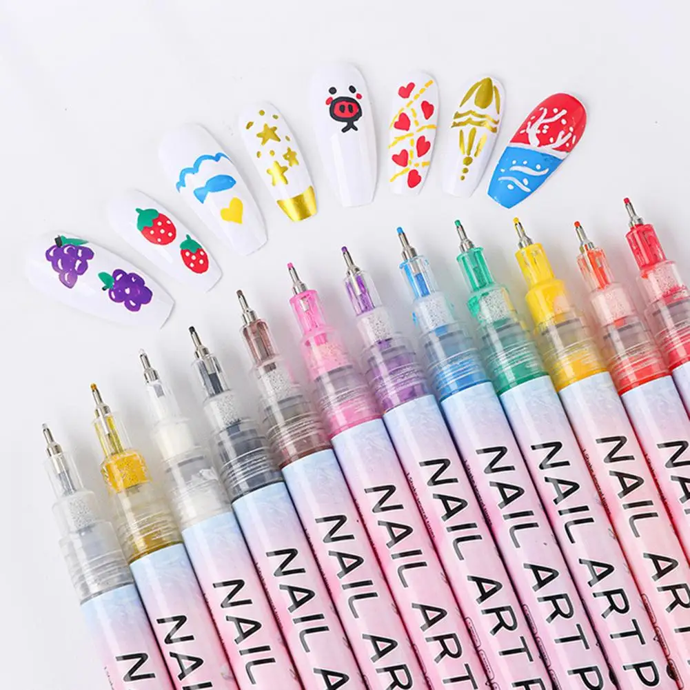 12 Colors Nail Art Pen Set Gel Painting Liner Pen Waterproof Quick Dry DIY Nail Marker Graffiti Dot Gel Pencil for Home Salon