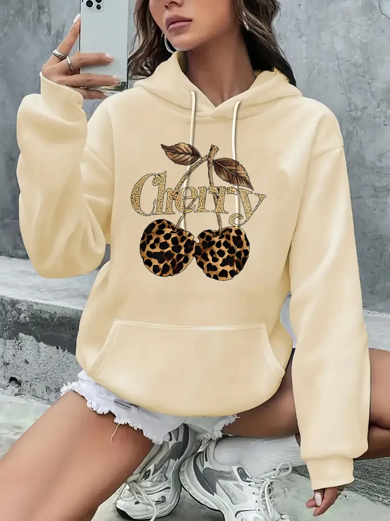 Pocket Hooded Hoodie Streetwear Leopard Cherry Print Long Sleeve Sweatshirt Clothing Hoody Autumn Winter Hoodies