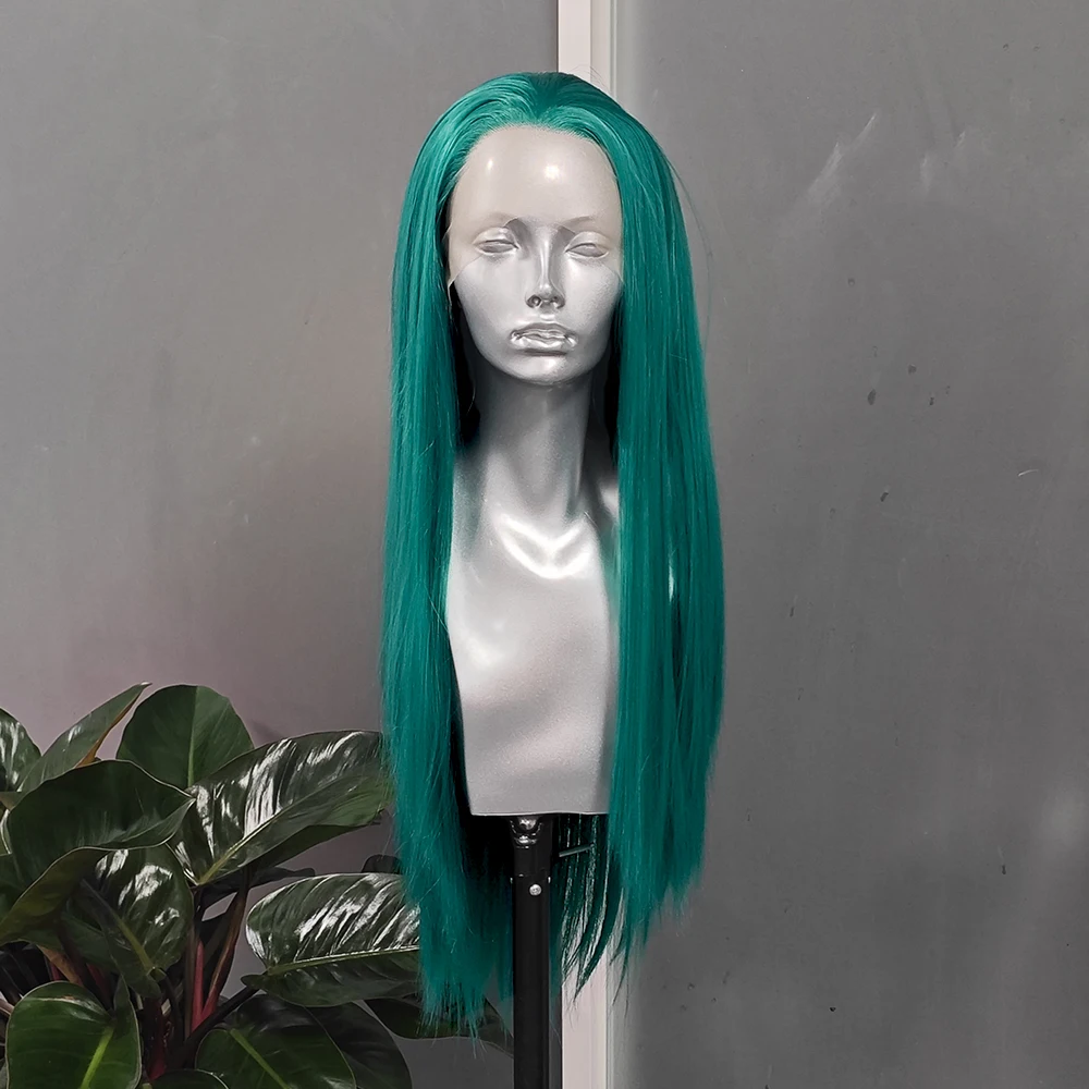 RONGDUOYI Teal Green Color Straight Hair Synthetic Wig Silk Straight Natural Hairline Lace Front Fiber Wigs Women Cosplay Use
