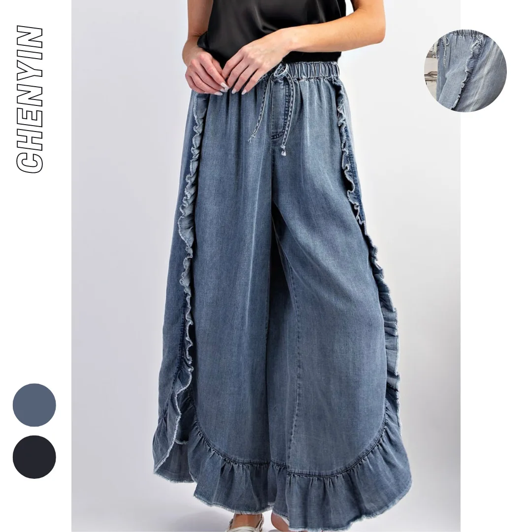 Women's Clothing for Spring and Summer. Bohemian-style Washed Denim Flared Long Pants with Ruffled Frayed Edges and Tie Straps.
