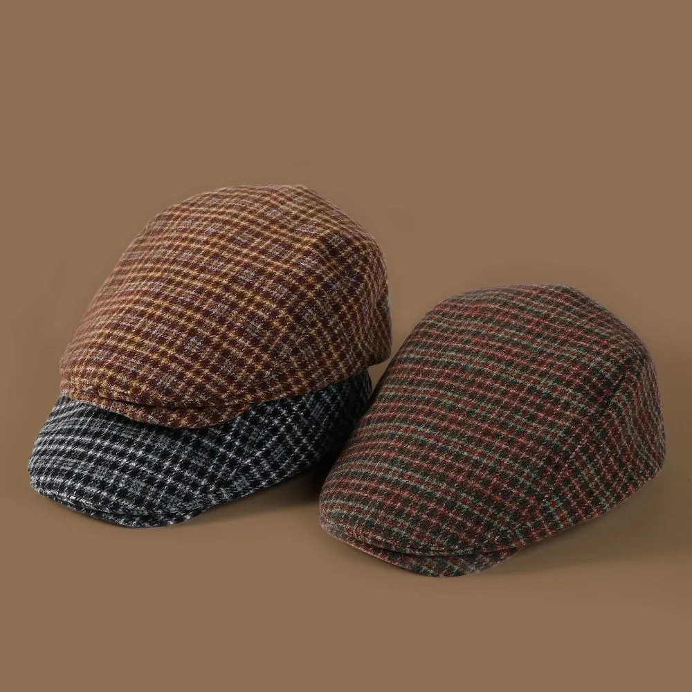 Elegant Vintage Berets Flat Top Japanese Style Newsboy Cap Plaid Pattern Golf Driving Cap Women's Wear