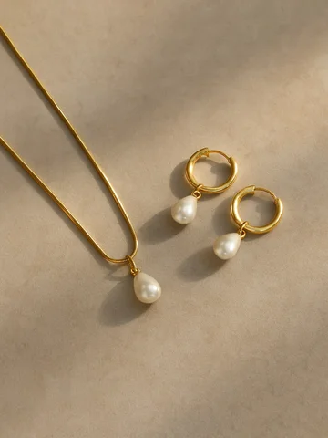 3pc Stainless Steel Waterproof And Non-Fading Stylish Women's Water Droplet Pearl Hoop Earrings Necklace Jewelry Set
