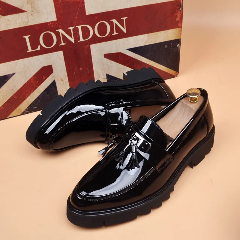 Mens summer breathable casual patent leather shoes slip on driving shoe balck stylish platform loafers business wedding sneakers