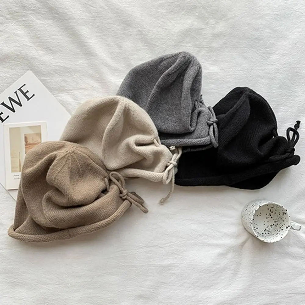 

Soft Knitted Baggy Beanie Hat Sweet Ear Protection Drawstring Wool Cap Korean Style Keep Warm Solid Color Pullover Hat