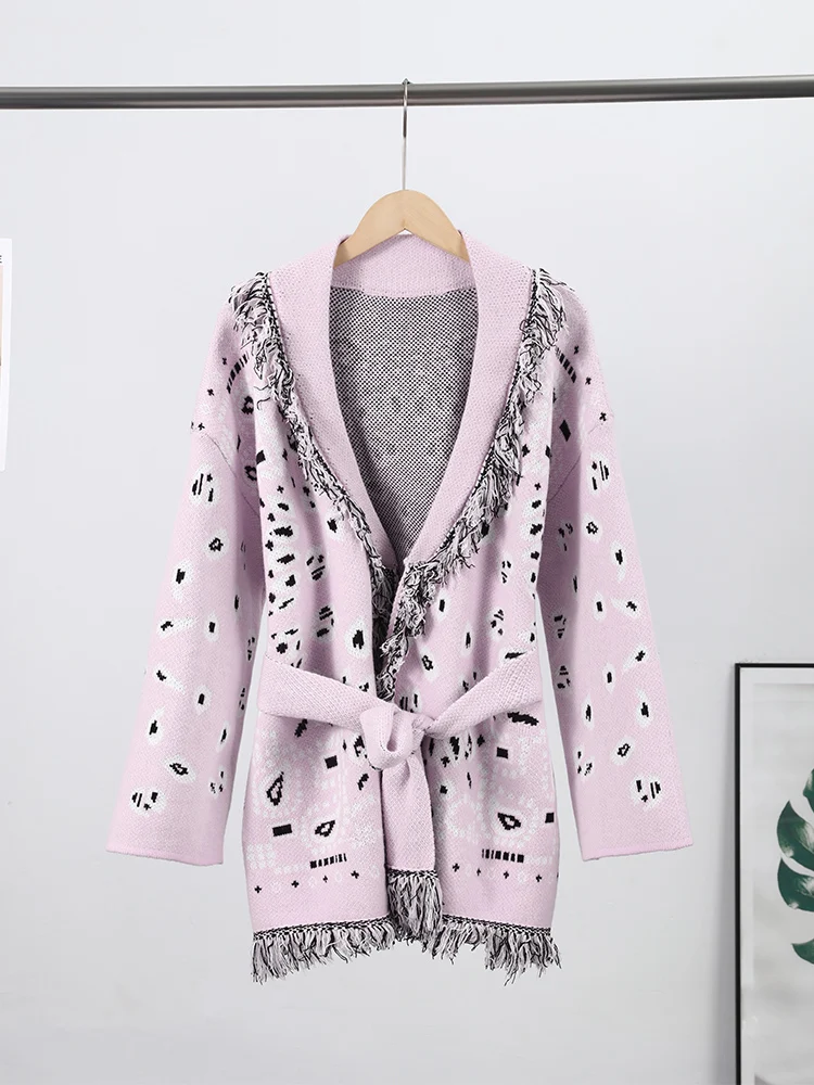 Casual Printed Cardigans Women Tassel Lace Up V-neck Full Sleeve Loose Knit Coat Female 2026 Autumn Fashion Lady Outwears