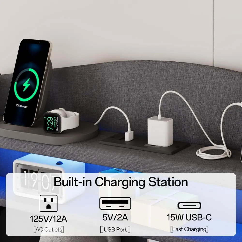 "إطار سرير مزدوج الحجم مع مساحة تخزين ولوح رأسي منجد، بما في ذلك الأدراج، ومحطة الشحن، وإضاءة LED"