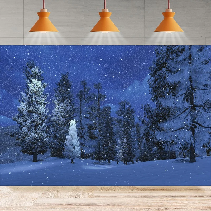 Winter Snowy Night Photography Backdrop Pine Trees Christmas Eve Forest Scene Background Home Party Backdrop Wall Banner Decor