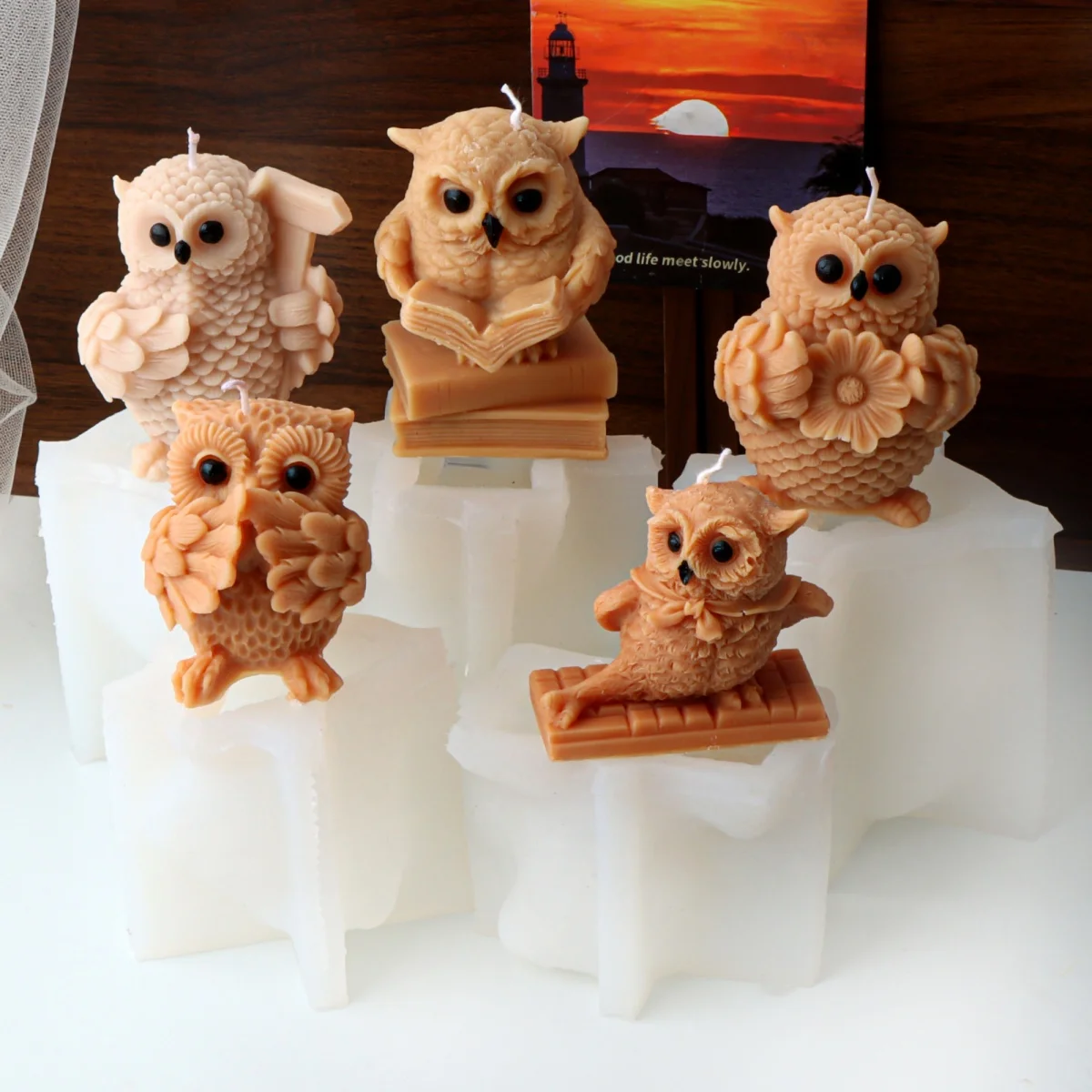 3D Reading Owl Animal Candle Mold Cute Keyboard Flower Owl Silicone Mold for Cake Decorating DIY Aromatherapy Plaster Wax Mold
