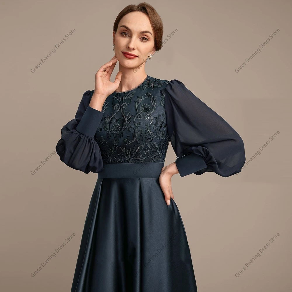 Modern Full Sleeves Mother of Bride Dresses Satin Ankle Length Wedding Party Dresses with Lace Sequin 2024 Summer Robe De Soirée