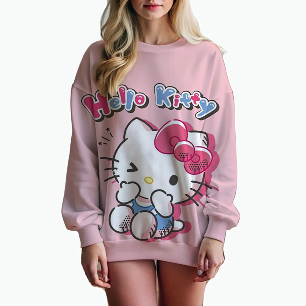 Women\'s Hello Kitty Printed Sweatshirt, High Street Women\'s Hoodie, Y2K Pattern Clothing, Casual Round Neck Sweater