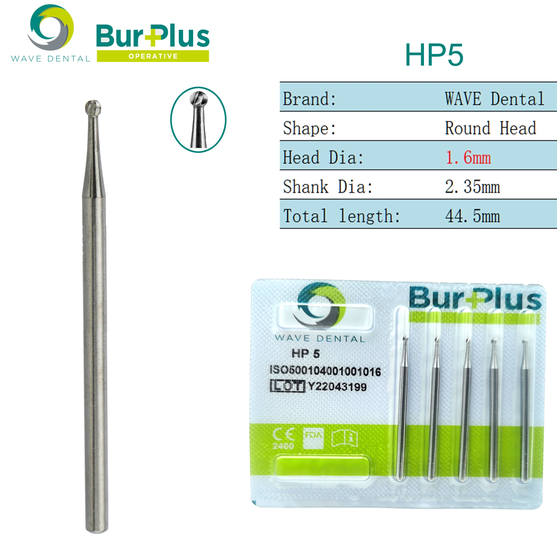 WAVE Dental Burs Round Tungsten Carbide Bur Dental Drill Bits For Straight Nose Cone Handpiece HP 0.5 to 2.7mm 5Pcs/Pack