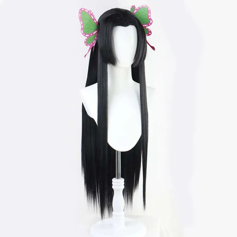 Peluca Kochou Kanae de Anime Demon Slayer, Cosplay de Kimetsu no Yaiba, peluca de pelo largo negro, tocado de mariposa, accesorios de pelucas de Halloween para mujer