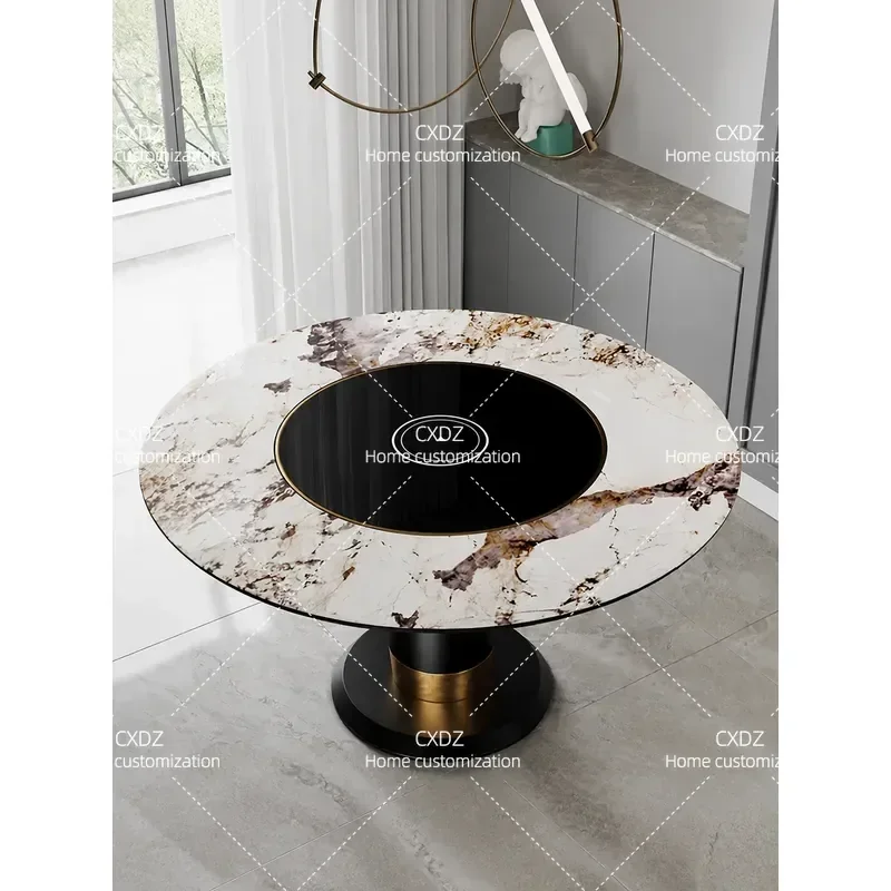 Round Rock Slab Dining Table with Built-in Induction Cooker and Turntable Hot Pot Function Italian Light Luxury Style for