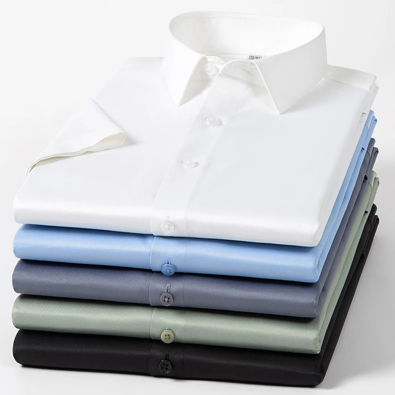 2023 short Sleeve Elastic Male Formal Solid Regular Fit Business Men Dress Shirts without Front Pocket Stretch