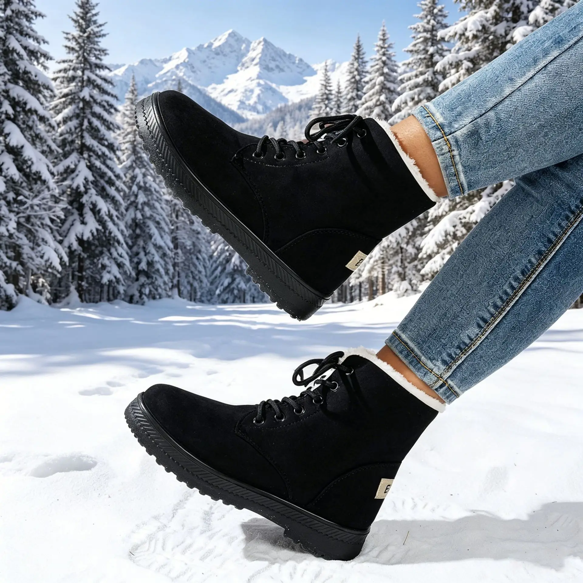 Damen Winter Schnür-Schneestiefel mit Wildleder-Optik, Fleece-Futter, Rutschfeste Dicke Sohle, Warme Knöchelhohe Kampfstiefel – Detail 6