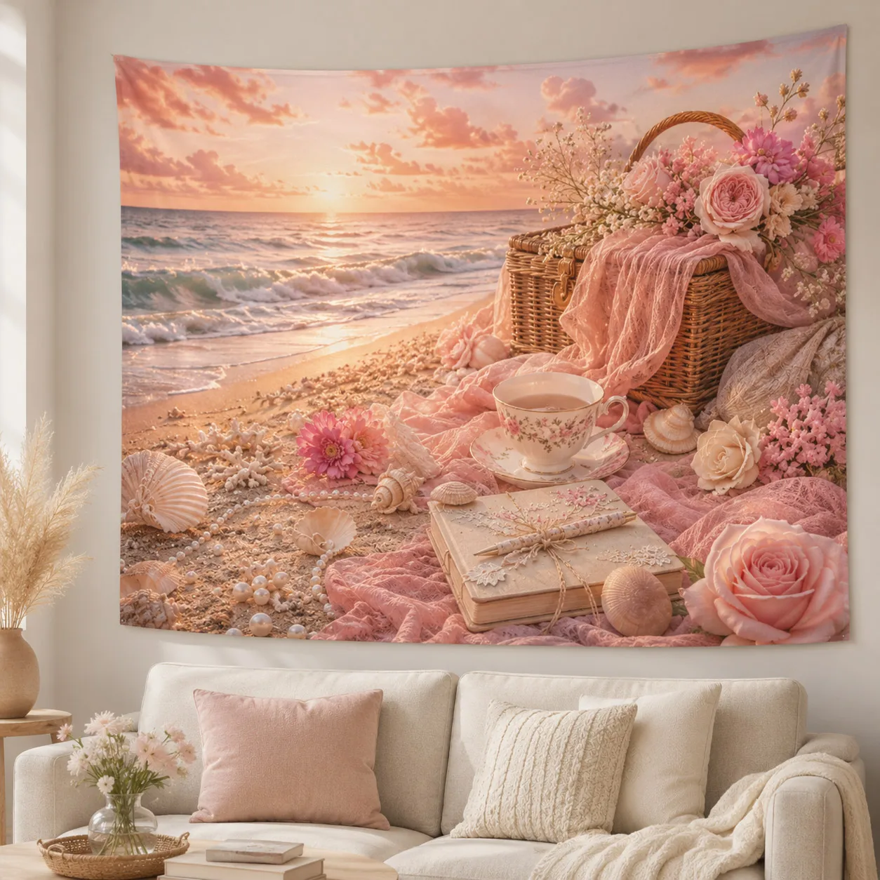 Pink Beach Sunset Tapestry Rose Floral Seaside Wall Hanging Romantic Coastal Wall Decor for Bedroom Living Room Dorm