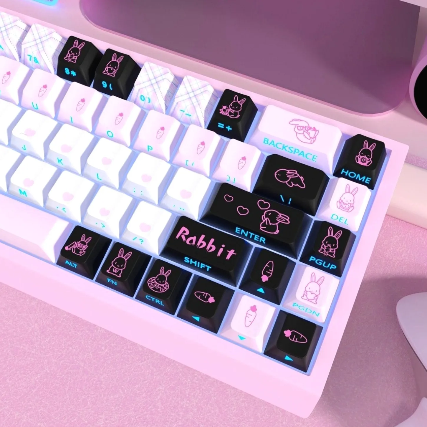 Cute Rabbit Theme Cherry Side Carving Transparent Keychain Kit PBT 64/74/140 Key Compatible 60/64/84/98/108 Mechanical Keyboard