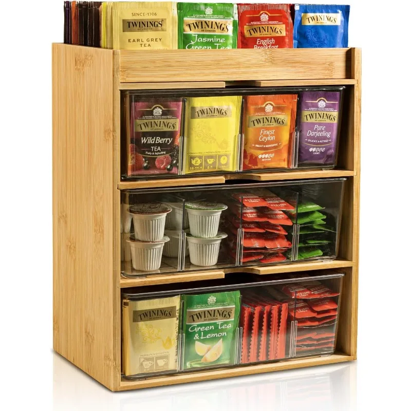 

Tea Bag Organizer - Bamboo Tea Storage Organizer With Drawer 3 Layer, Organizer for Bags Natural Wood & Acrylic