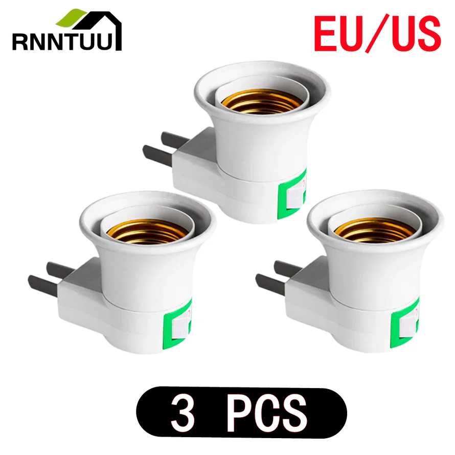 3PC Hot Sell Practical White E27 LED Light Socket To EU Plug/US Plug Holder Adapter Converter ON/OFF For Bulb Lamp