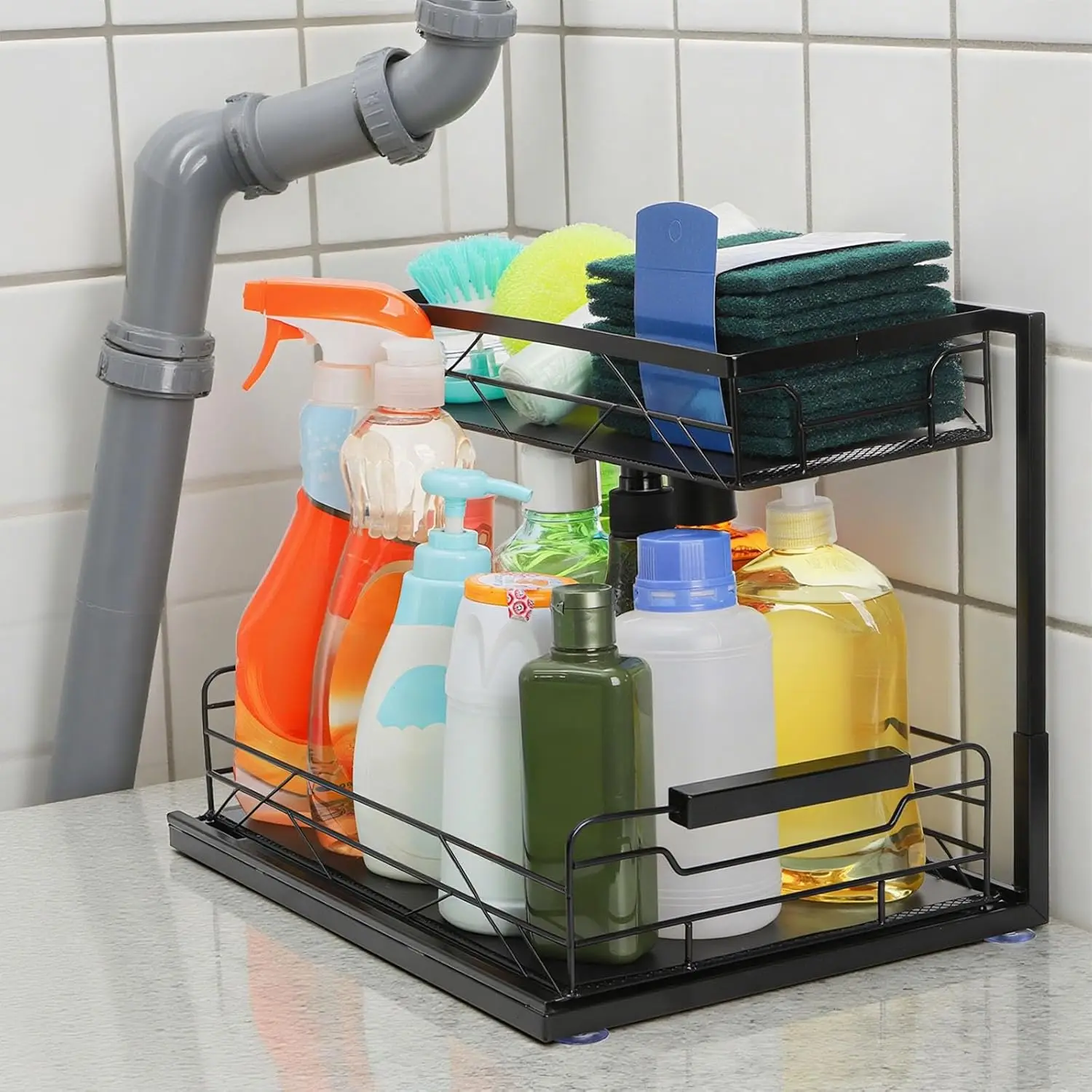 

Органайзер под раковину, 2-уровневая выдвижная полка для шкафа с присоской, выдвижным ящиком, ковриком из ПВХ — кухня, ванная комната, хранилище для белья