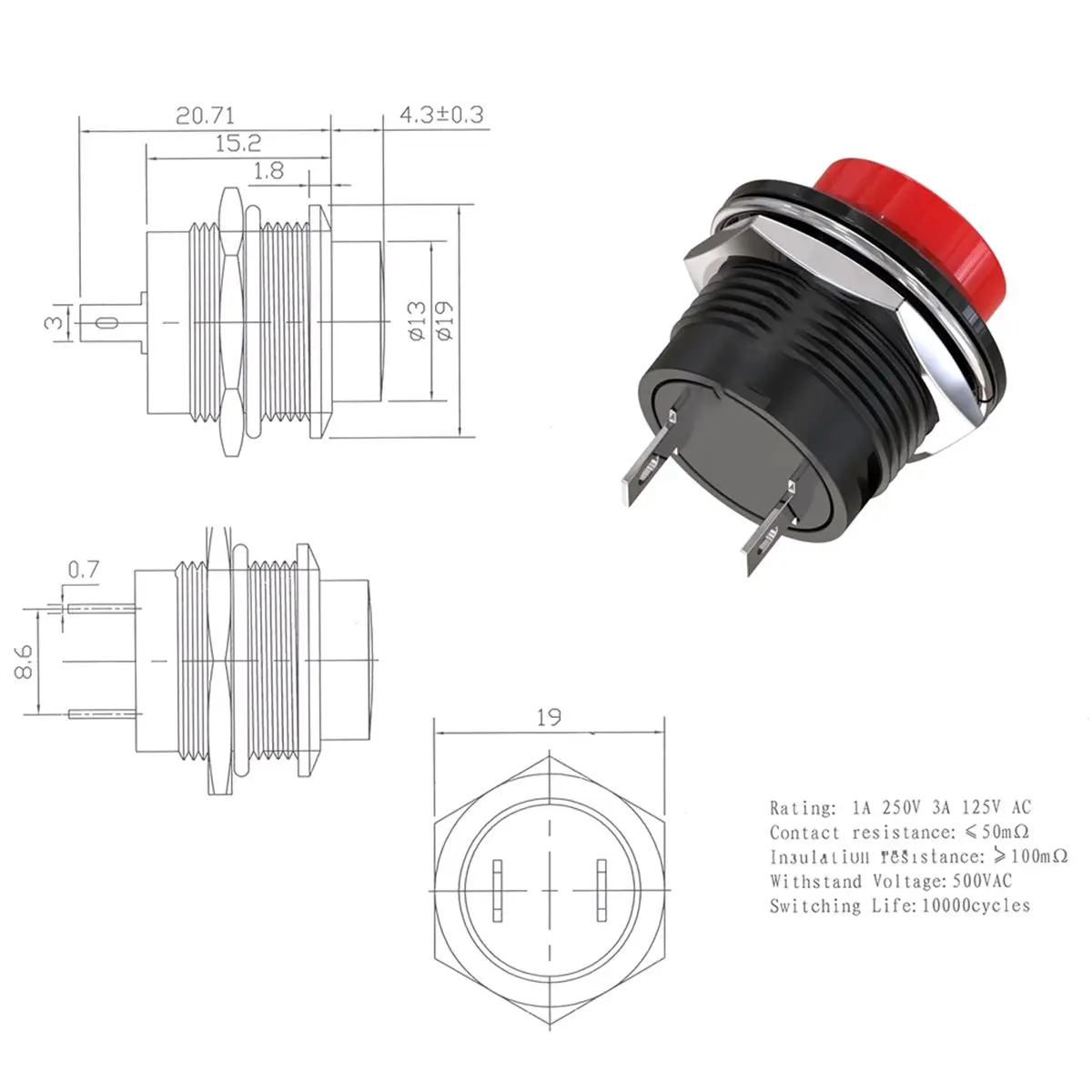 1set Instantaneous Button Switch Without Lock, Mini Button Circular Switch, R13-507 Self Resetting Switch