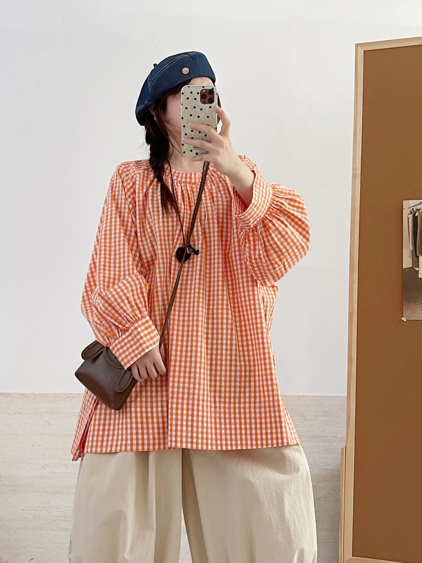 

Художественный клетчатый длинный све, хлопок irt, свободный крой, женский с разрезом по бокам, средней длины, большие размеры, модные осенние новые поступления