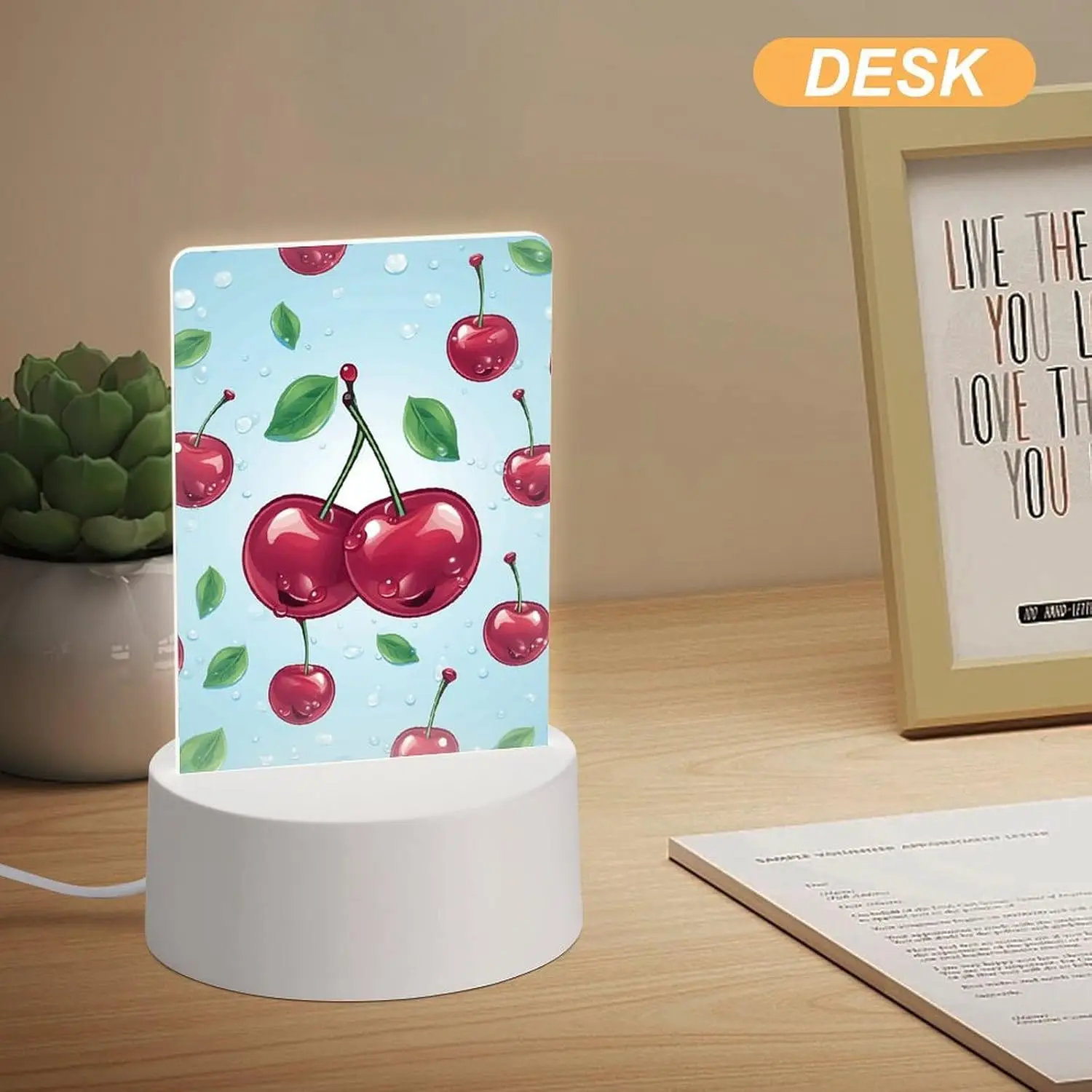 Modern Acrylic Night Light with Plastic Base, Cherry Print Stylish Night Lamp Easy Installation - Ideal for Bedroom, Bathroom