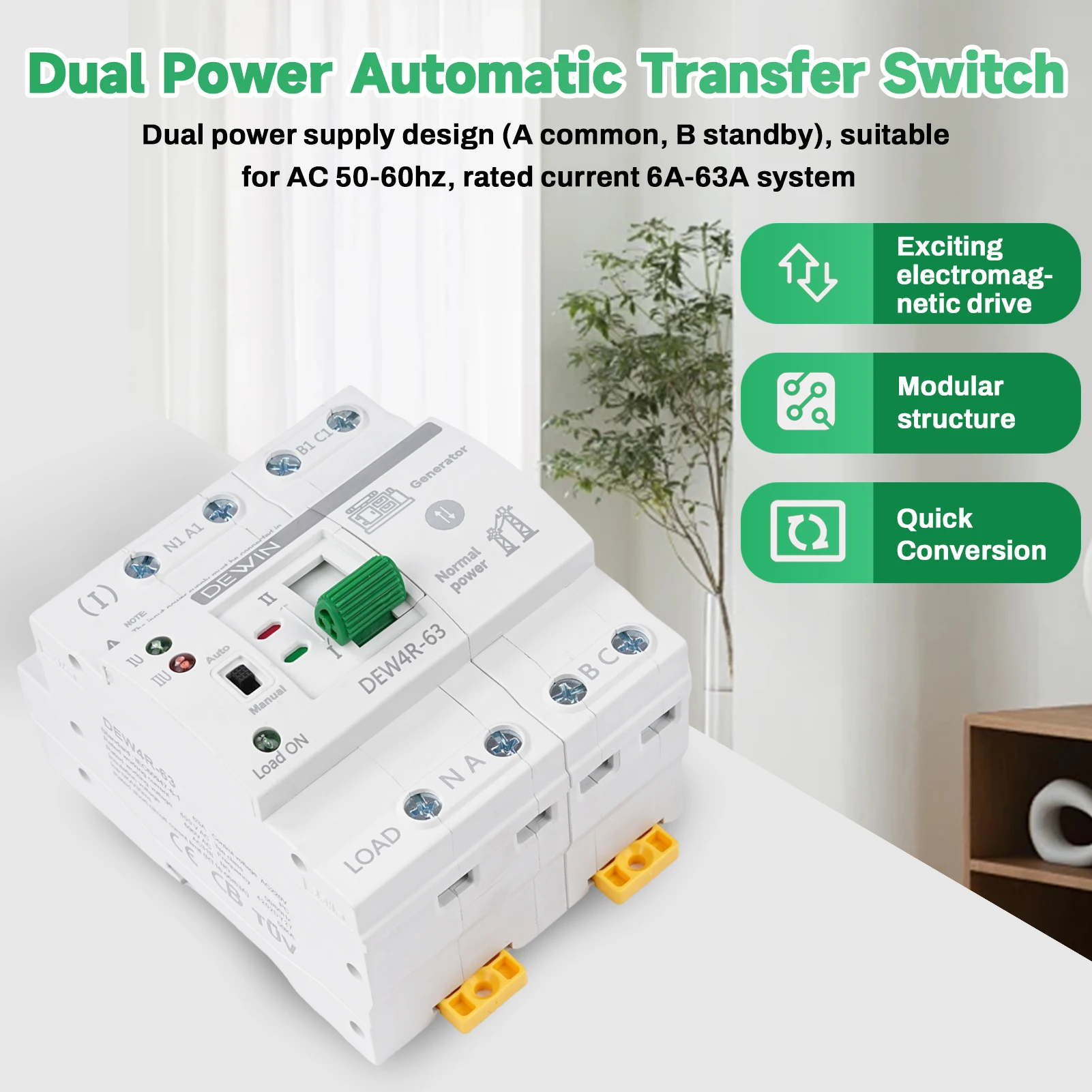 DEWIN G2R Din Rail 4P 63A Dual Power Automatic Transfer Switch Electrical Selector Switches 400V Power Automatic Transfer Switch