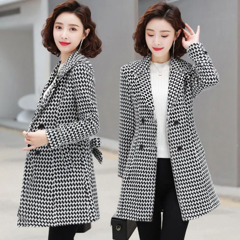 Windbreaker Mid-Length Coat Women\'s 2022 Autumn New All-Match Korean Version Slim Fashion High-End Houndstooth Coat Coat Women W