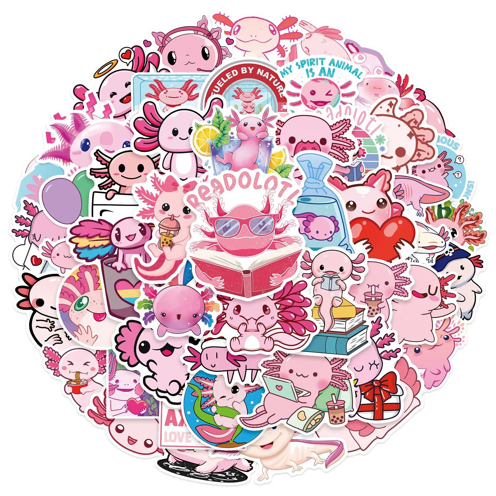 50PCS Cute Cartoon Pink Axolotl Stickers Decals for Kids Toys phone Laptop Notebook Luggage Stationery Diary Stickers Gift