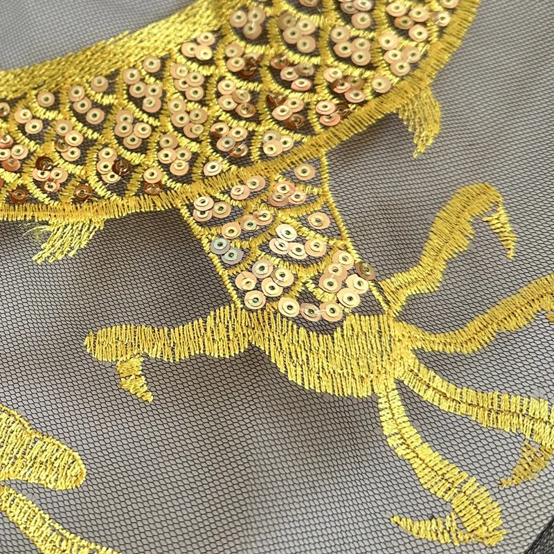 1Pcs Super Large Gold Sequin Dragon Black Mesh Fabrics Embroidery Patches Applique Sewing On Clothing Dress Lace Patch Decor DIY