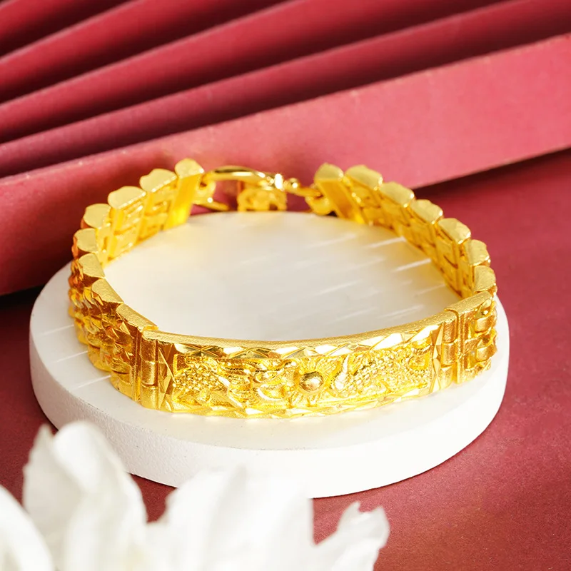 

Dragon Relief Bracelet (Men's), 24K Gold, AU999 | Hammered bronze-textured Kui Dragon.