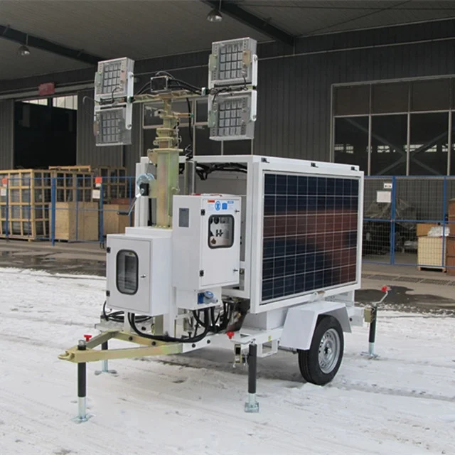 LED Flood Mobile Solar Light Tower DC 24V IP66 Rated 4x100W LED 4x200AH Battery Vehicle Mounted Manual Mast Extension