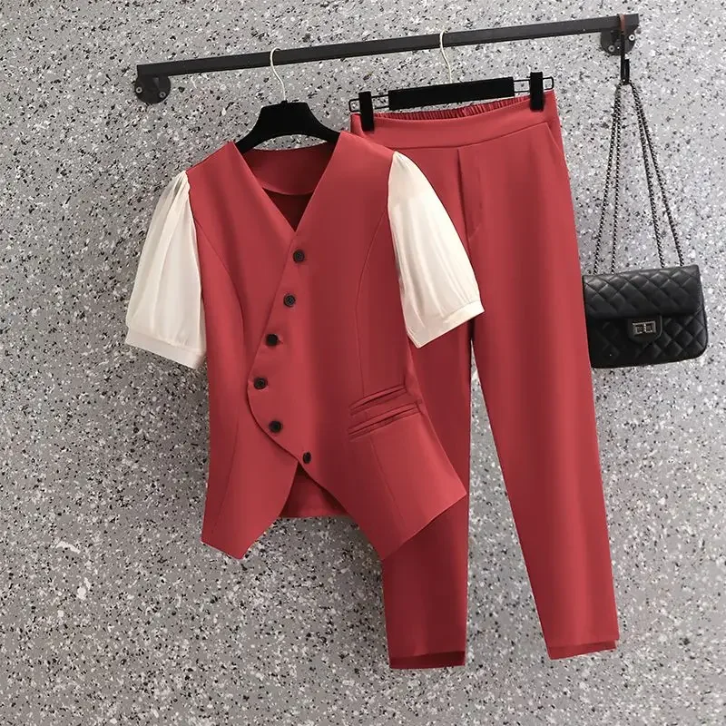 

Fashion high-quality temperament suit women's early autumn new leisure leave two V-neck asymmetric tops slim feet pants