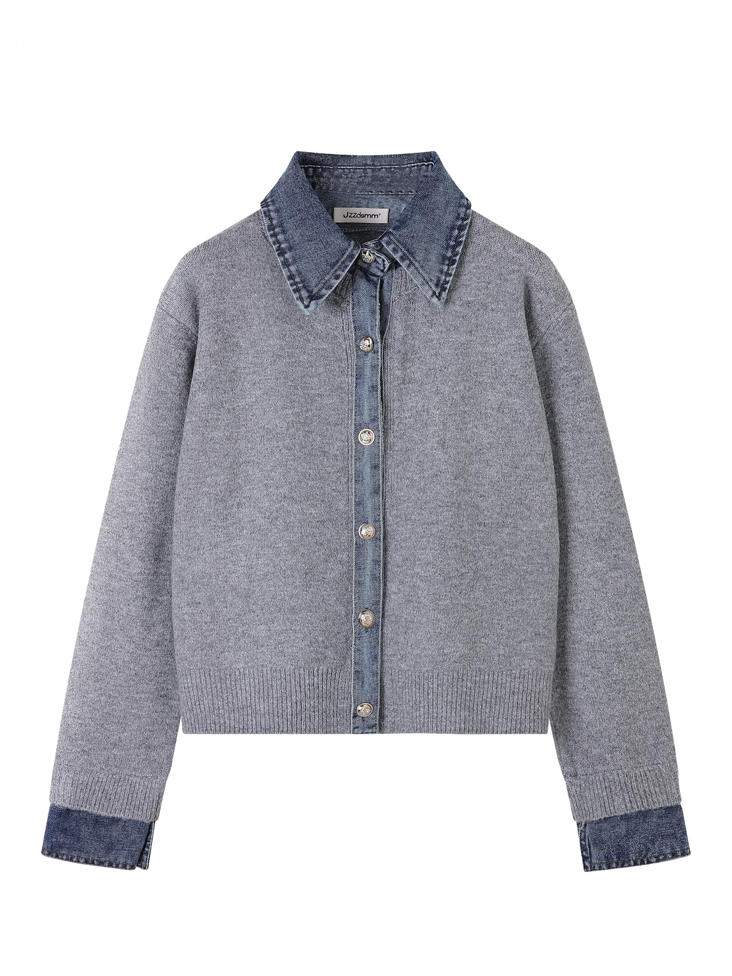 

JZZDEMM Korean Design Denim Patchwork Knitted Cardigan Women's Lazy Sle Slimming Sweater Jaet Soft Long Sve Button up