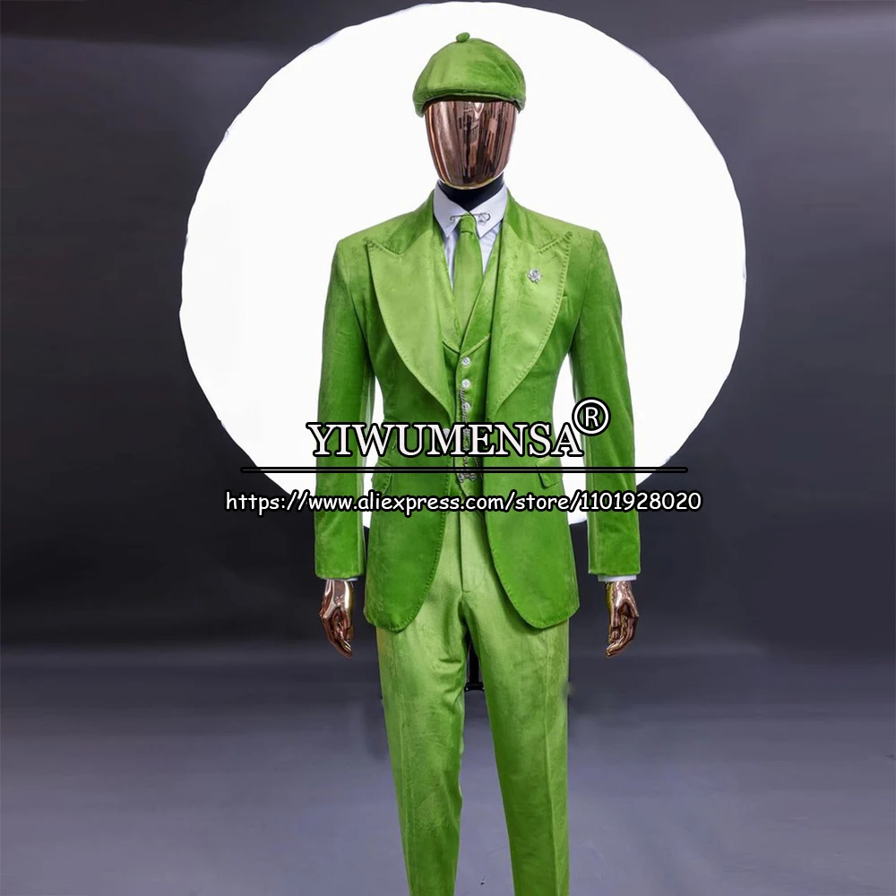 

Green Velvet Suits Men Slim Fit 3 Piece(Jacket+Vest+Pants) Business Office Wear Blazer Sets Trajes De Hombre De Vestir Elegantes