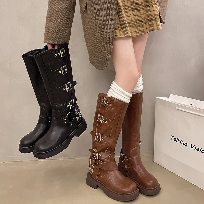 Autumn and Winter 2024 Vintage Boots Thin Western Cowboy Boot Medium Heel Leather Boots Cavalry Boots