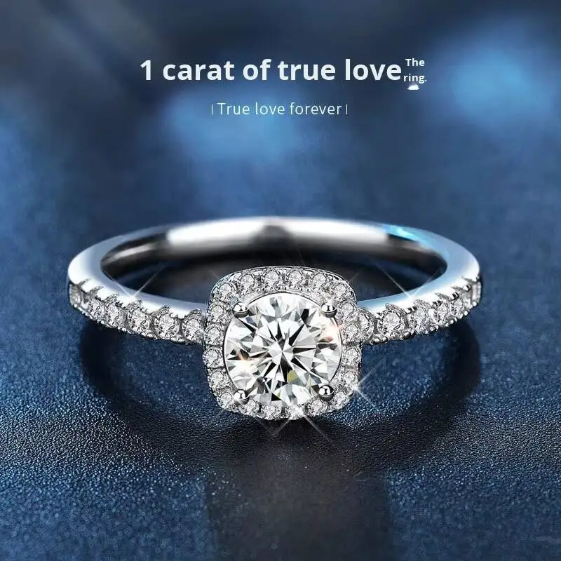 Cross-border S925 Sterling Silver Moissanite Ring Women's Niche High-end Light Luxury Style Sugar Cube Design Prong Micropaved