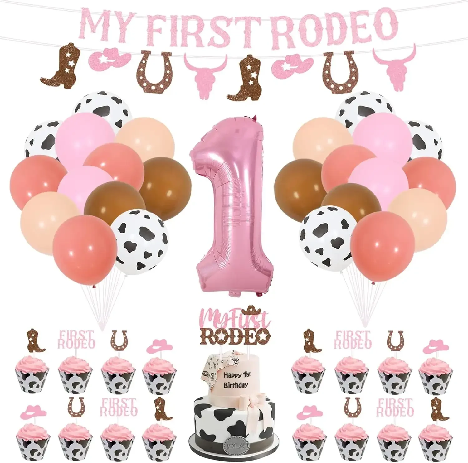 FANGLELAND First Rodeo Birthday Party Decorations,My First Rodeo Glitter Banner & Cake Topper for Girls, Cowgirl 1st Birthday